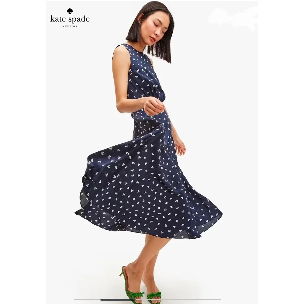 Kate Spade Paper Boats Midi Dress Navy Blue Pebbled Satin Sleeveless Size 14